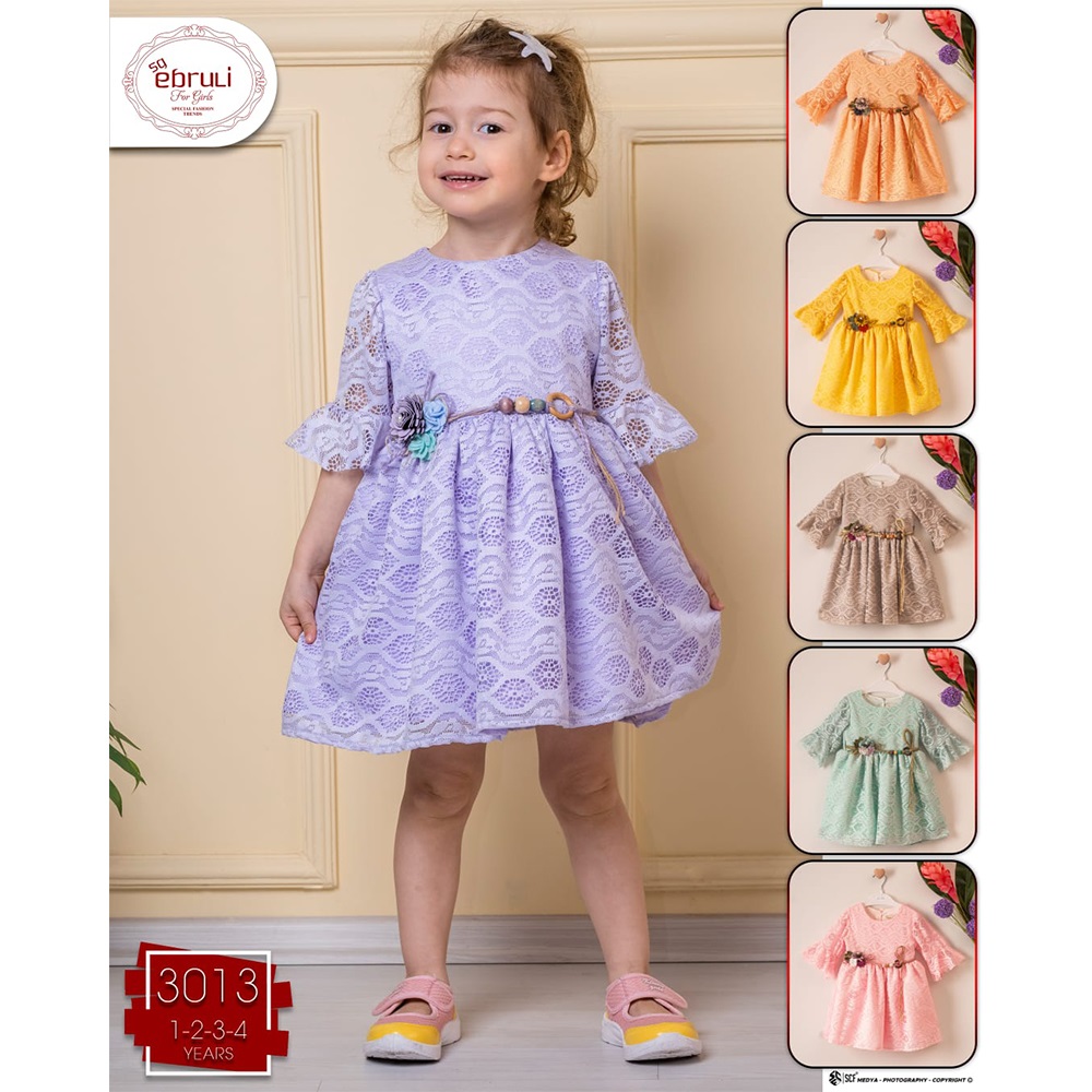 Ebruli 3013 Kız Çocuk Yollu Full Dantelli Elbise 1-2-3-4 Yaş