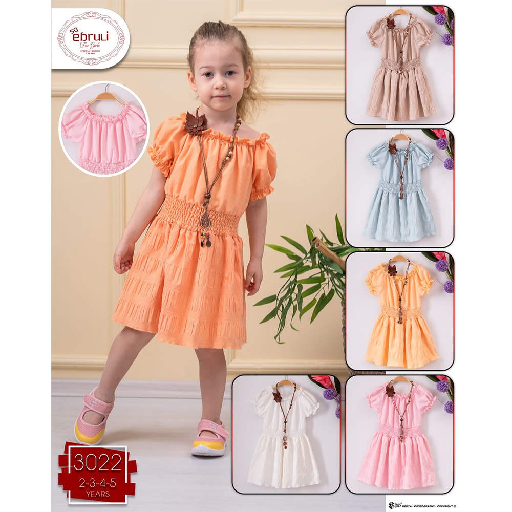 Ebruli 3022 Kız Çocuk Beli Lastikli Fırfırlı Elbise 2-3-4-5 Yaş