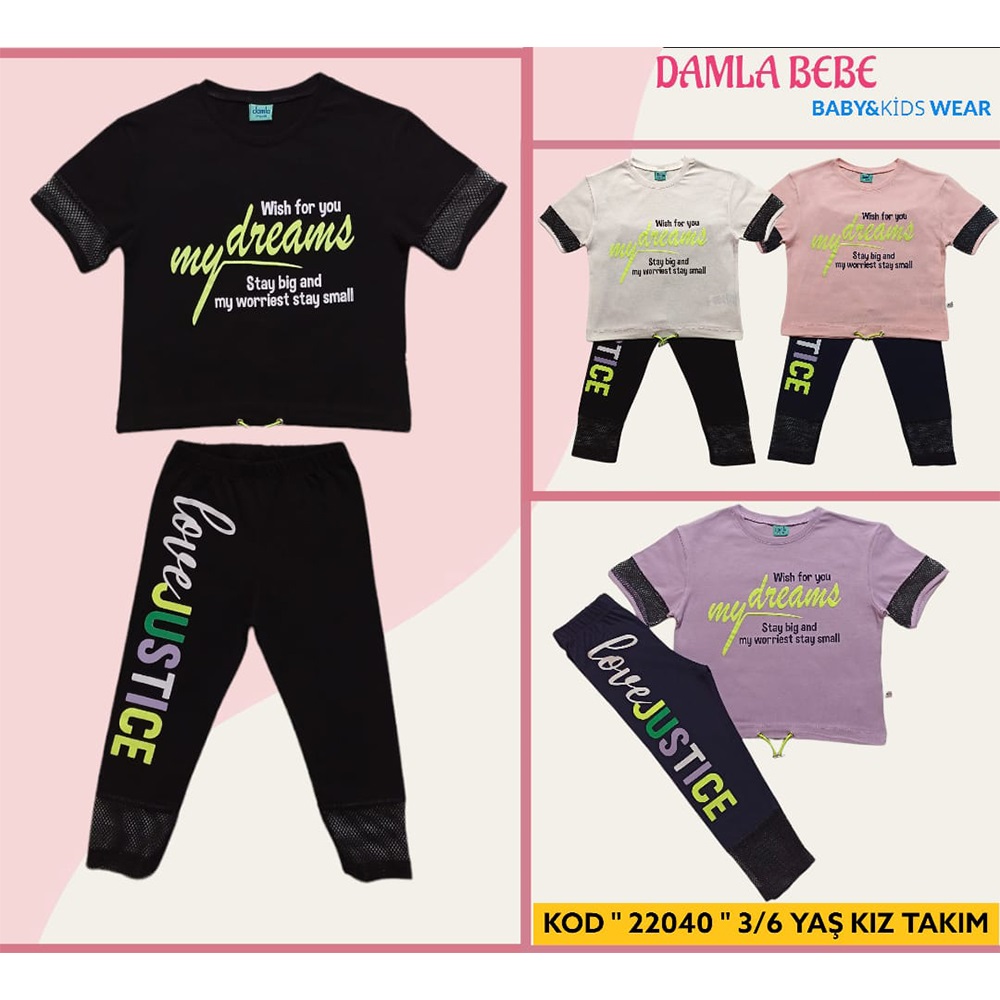 Damla 22040 Kız Çocuk Natürel Cotton My Dreams Baskılı Takım 3-6 Yaş