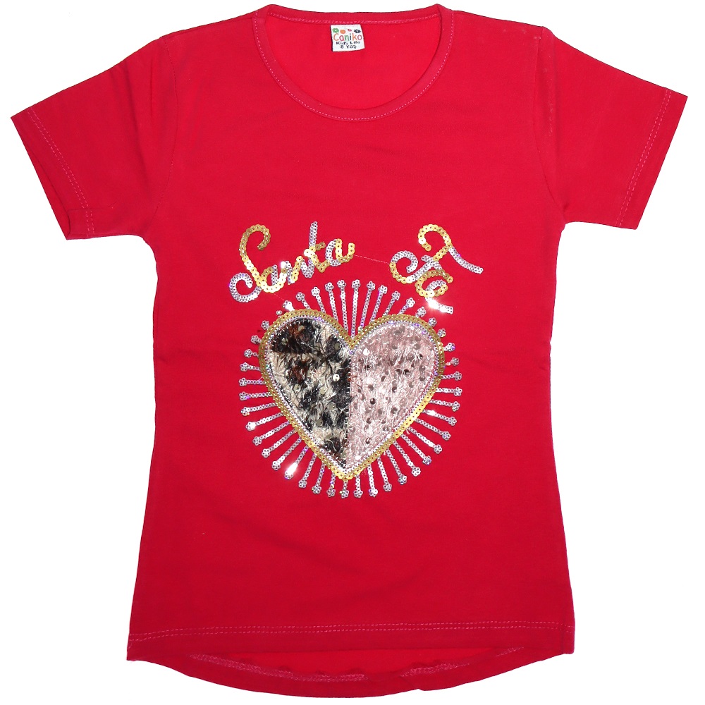 Caniko 05 Kız Çocuk Kalpli Pullu Tişört 5-8 Yaş