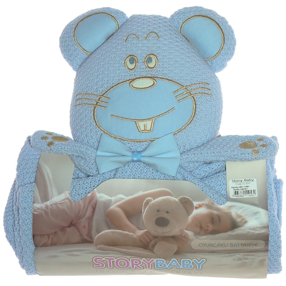 Story Baby 11-053 Bebe Triko Figürlü Oyuncaklı Battaniye 0-1 Yaş - Mavi - 0-1 YAŞ