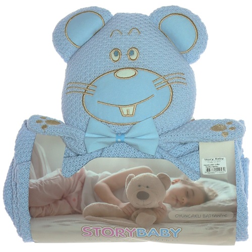 Story Baby 11-053 Bebe Triko Figürlü Oyuncaklı Battaniye 0-1 Yaş - Mavi - 0-1 YAŞ