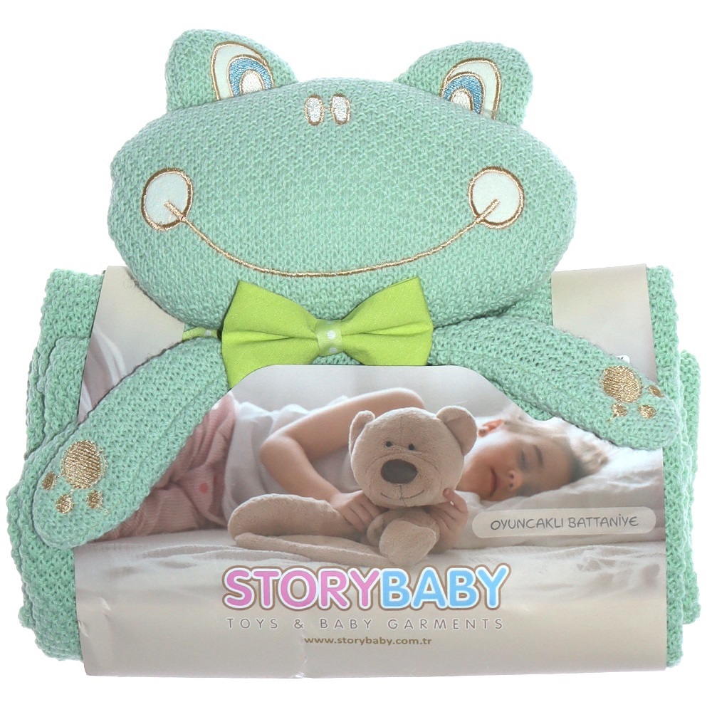Story Baby 11-053 Bebe Triko Figürlü Oyuncaklı Battaniye 0-1 Yaş - Su Yeşili - 0-1 YAŞ