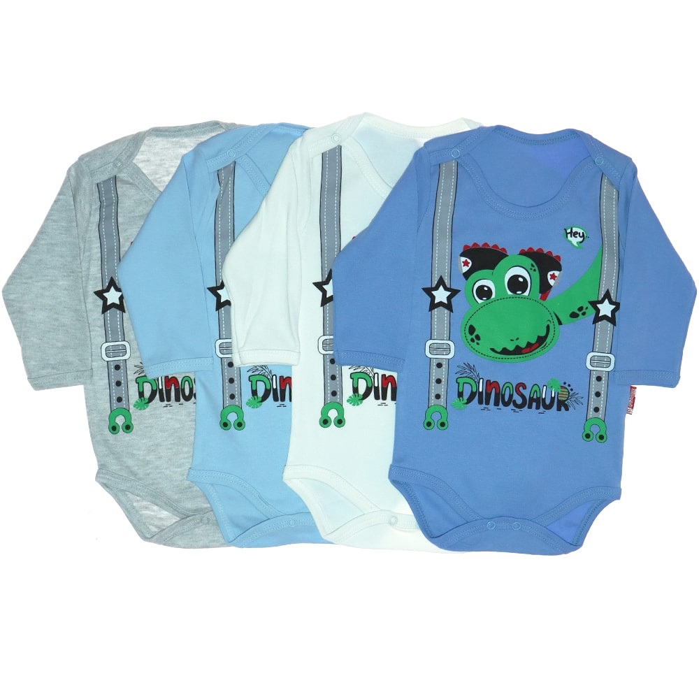 Pabbuc Baby Erkek Bebe Dinosaur Bas. U.Kollu Çıtçıtlı Badi 3-6-9-12 AY - Mavi - 3-6-9-12 AY