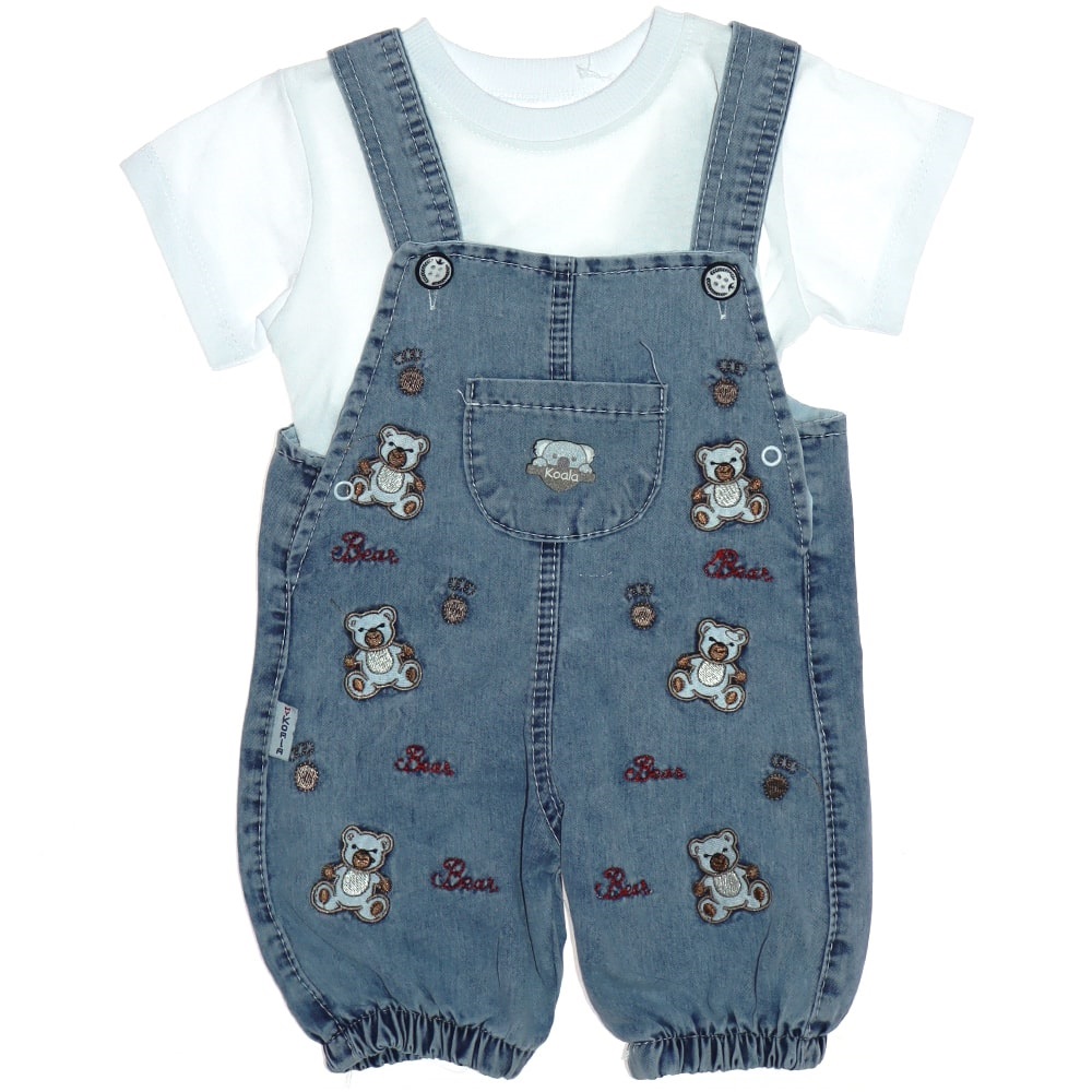 My Koala 0311 Erkek Bebe Armalı Ayıcık Nakışlı Kot Salopet Takım 12-18-24 Ay