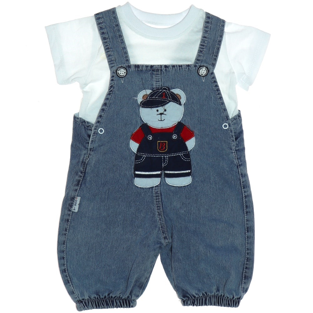 My Koala 0303 Erkek Bebe Şapkalı Ayıcık Nakışlı Kot Salopet Takım 12-18-24 Ay