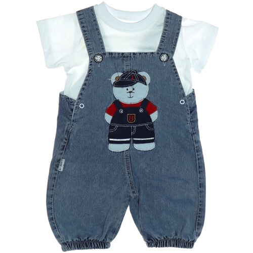 My Koala 0303 Erkek Bebe Şapkalı Ayıcık Nakışlı Kot Salopet Takım 12-18-24 Ay