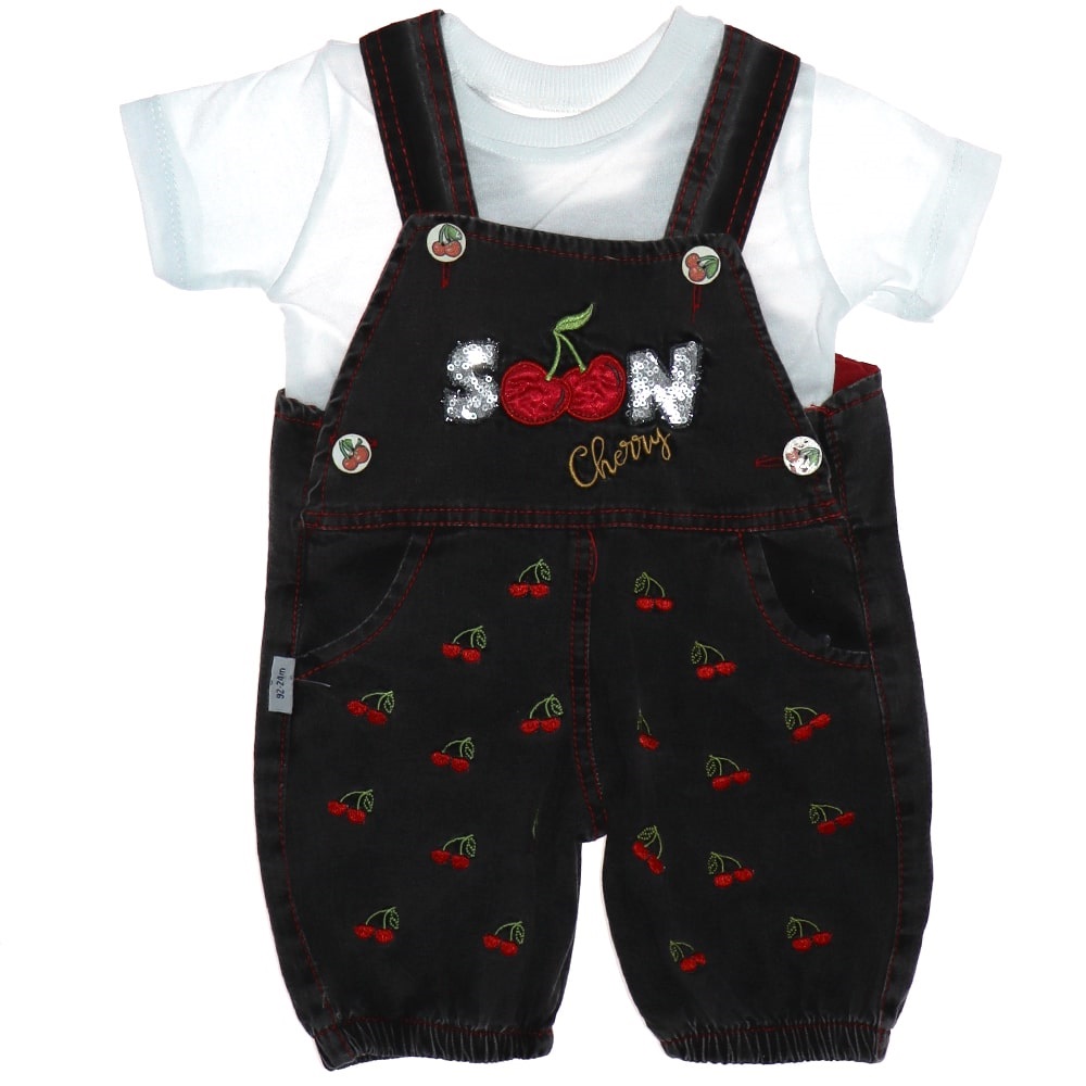 My Koala 0315 Kız Bebe Kiraz Nakışlı Kot Salopet Takım 12-18-24 Ay