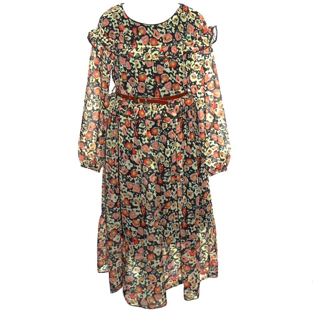 Markam 20169 Kız Çocuk U. Kol Desenli Önü Fırfırlı Elbise 6-14 Yaş