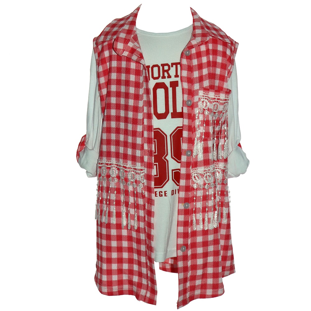 Güldür 9040 Kız Çocuk Penye Dantelli Ekose Gömlek 13-16 Yaş