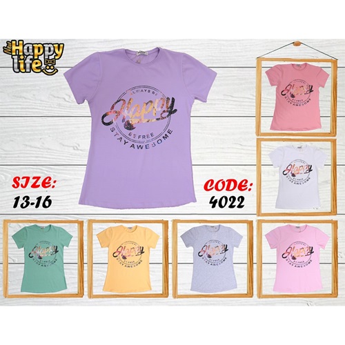 Happy Life 4022 Kız Çocuk Taşlı Happy Bas.Tişört 13-16 Yaş - Gri - 13-16 YAŞ