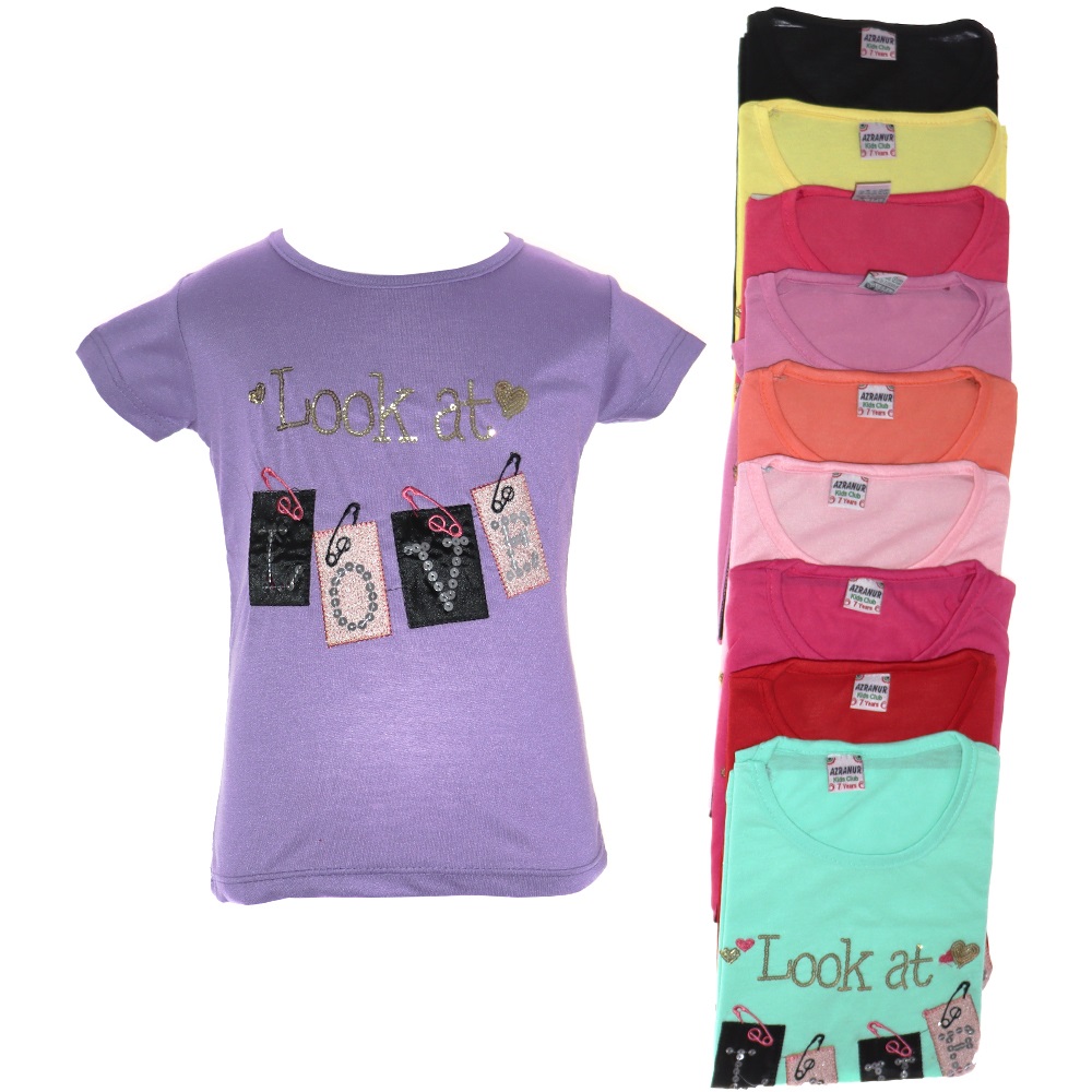Azranur 10023 Kız Çocuk Look At Love Nakışlı Tişört 3-7 Yaş - Siyah - 3-7 YAŞ