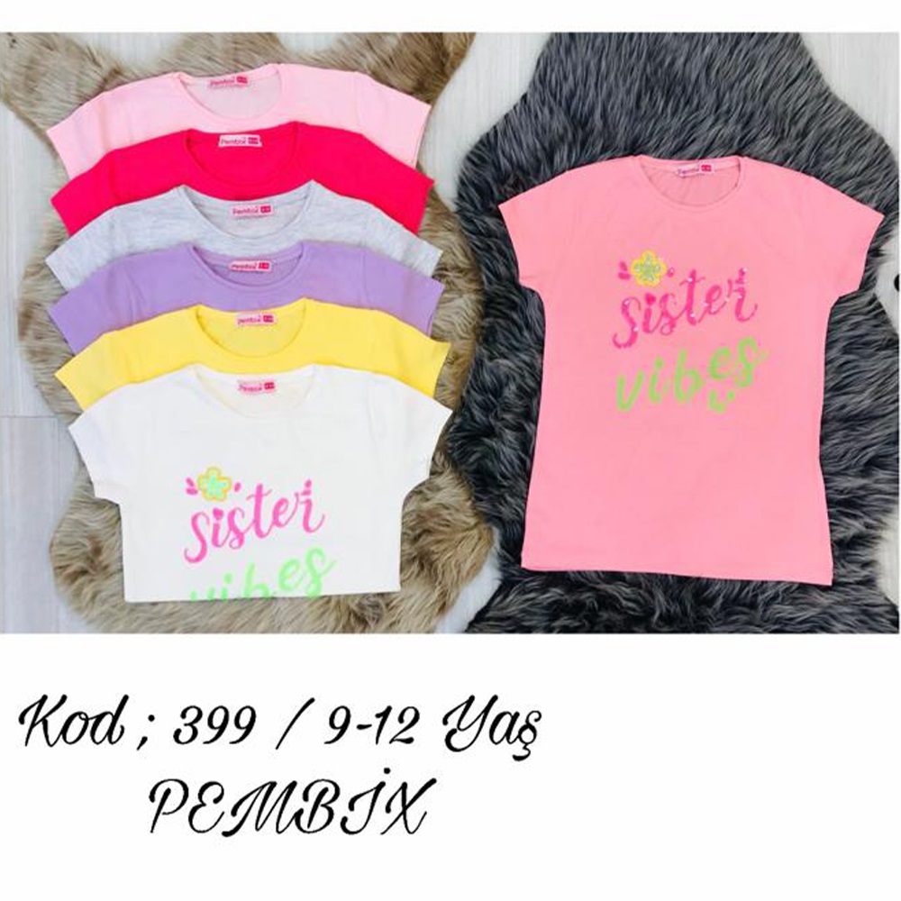 Pembe 399 Kız Çocuk Sisters Çiçek Nakışlı Tişört 9-12 Yaş