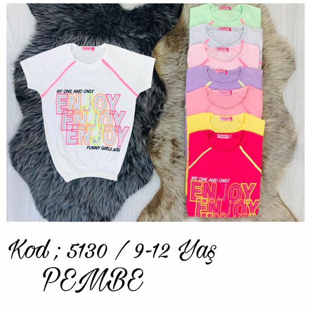 Pembe 5130 Kız Çocuk Neon Enjoy Yazı Baskılı Tişört 9-12 Yaş