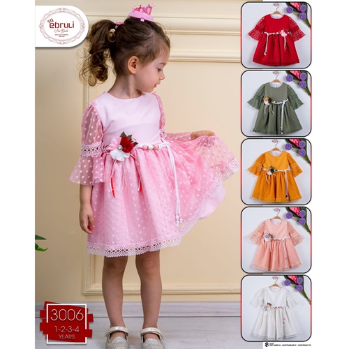 Ebruli 3006 Kız Çocuk Puantiyeli Dantel Kloş Kol Elbise 1-2-3-4 Yaş