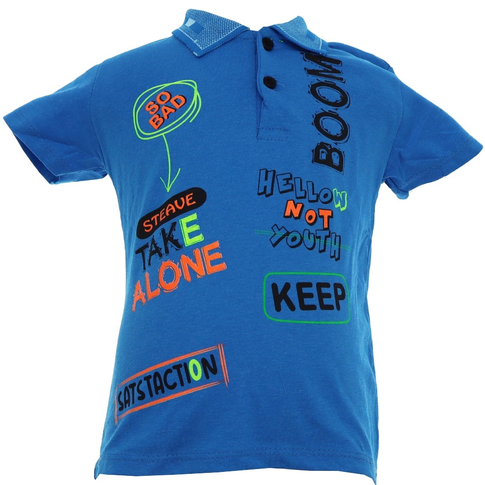 Çınaroğlu Erkek Çocuk Gömlek Yaka Hellow Boom Baskılı Tişört 8-12 Yaş