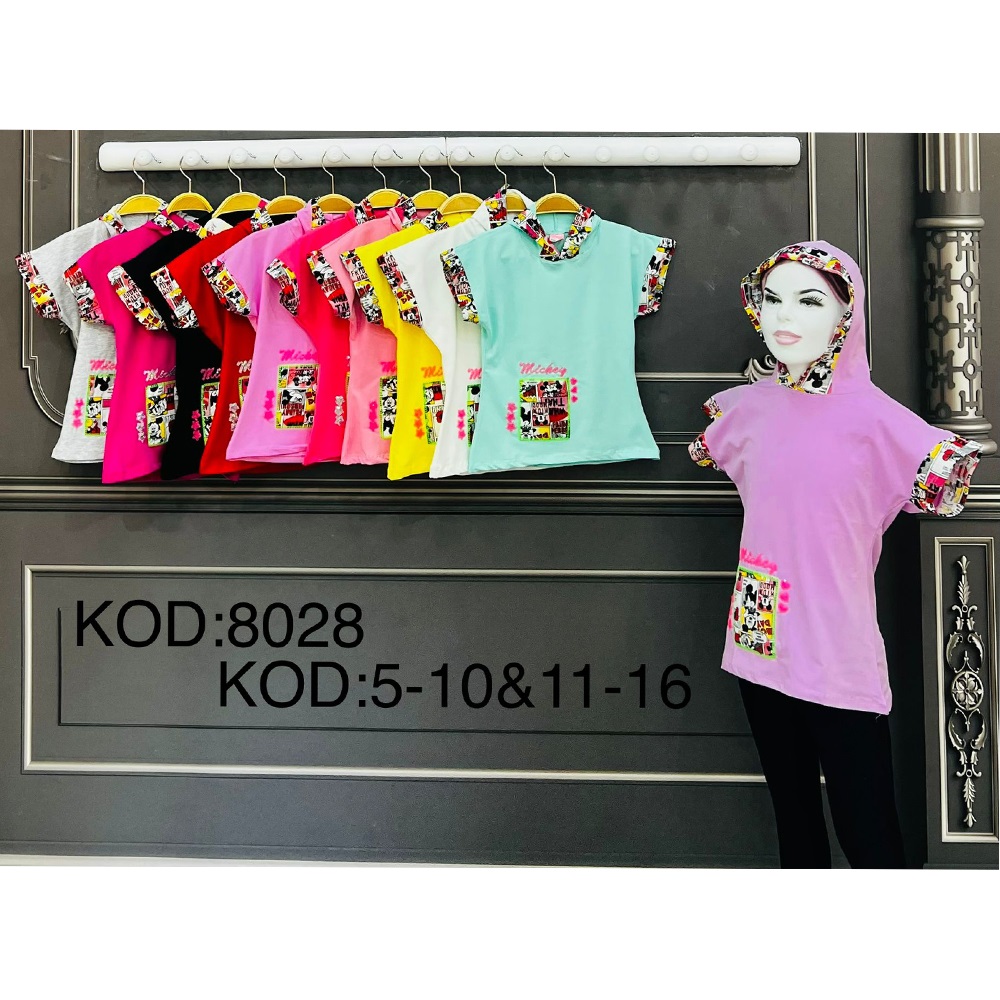 Özmiraç 8028 Kız Çocuk Kapşonlu Mickey Baskılı Tişört 5-10 Yaş