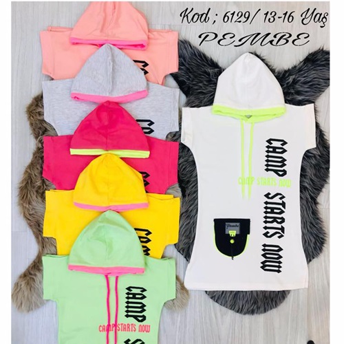 Pembe 5129 Kız Çocuk Penye Tek Cep Ön Bas. Kapşonlu Tunik 9-12 Yaş