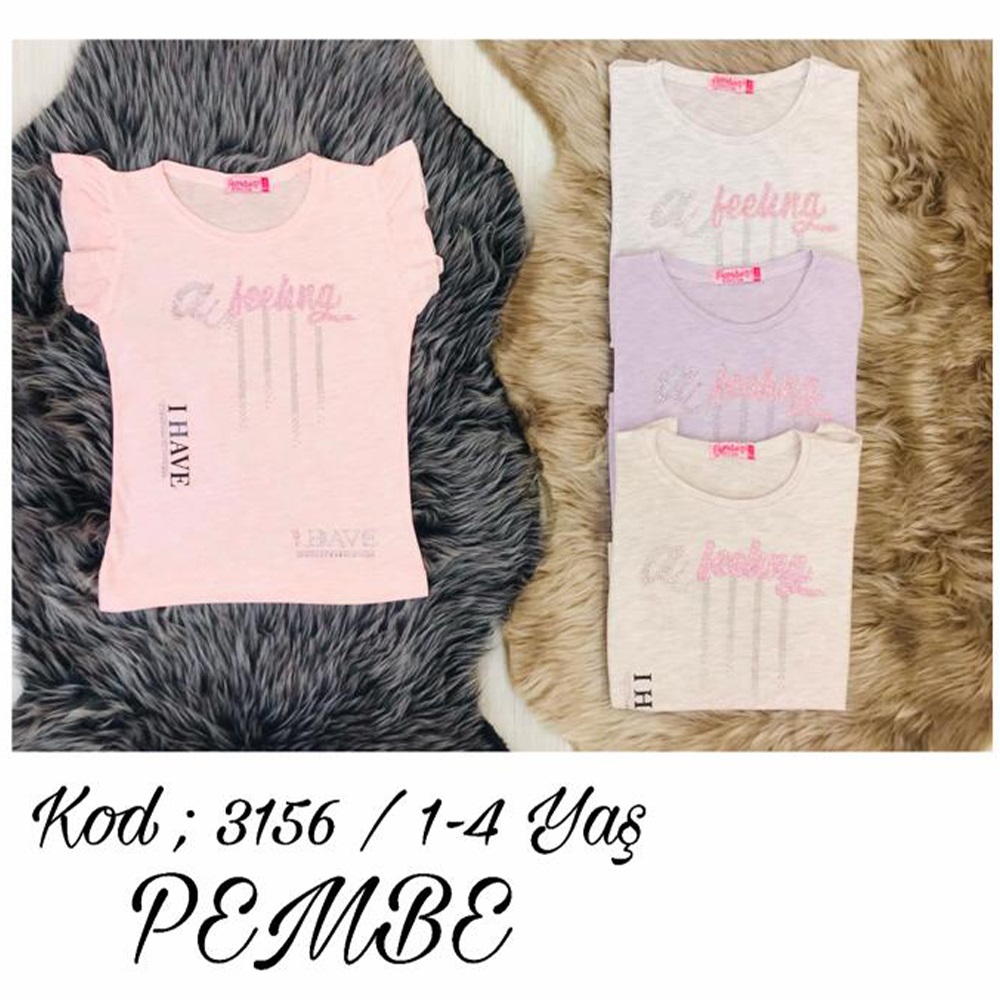 Pembe 3156 Kız Çocuk Penye I Have Bas. Kol Fırfırlı Taşlı Tişört 5-8 Yaş