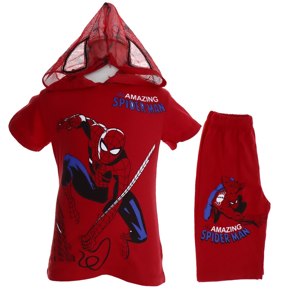 İbocan 3455 Erkek Çocuk Kapşonlu Spider-Man Baskılı Tişört Şort Takım 7-10 Yaş