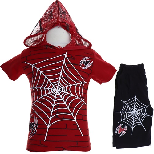 İbocan 3455 Erkek Çocuk Kapşonlu Örümcek Ağ Baskılı Tişört Şort Takım 3-6 Yaş