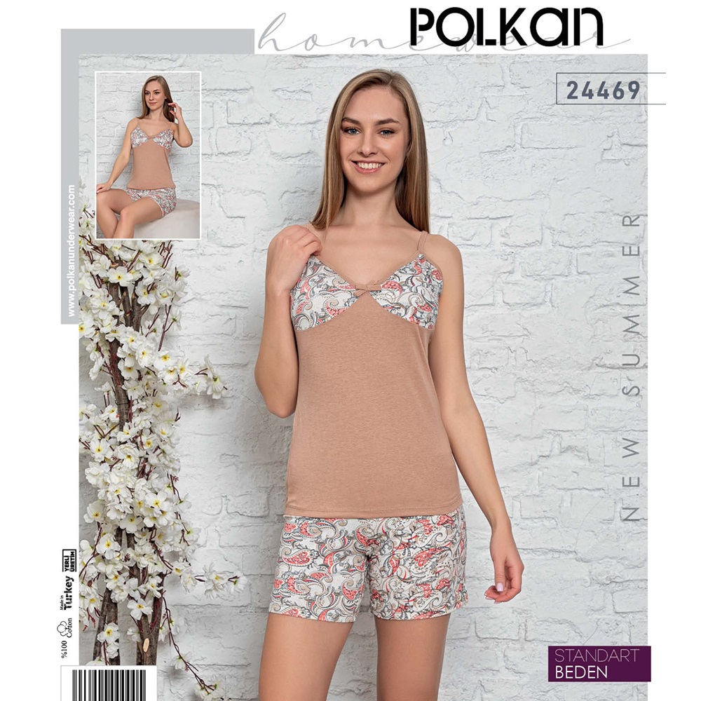 Polkan 24469 Bayan Dantelli Şortlu Takım - Bej - STANDART