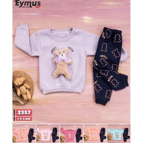 Eymus 2357 Kız Çocuk 3 İplik Şişme Fiyonklu Ayıcık Nakışlı Takım 1-3 Yaş