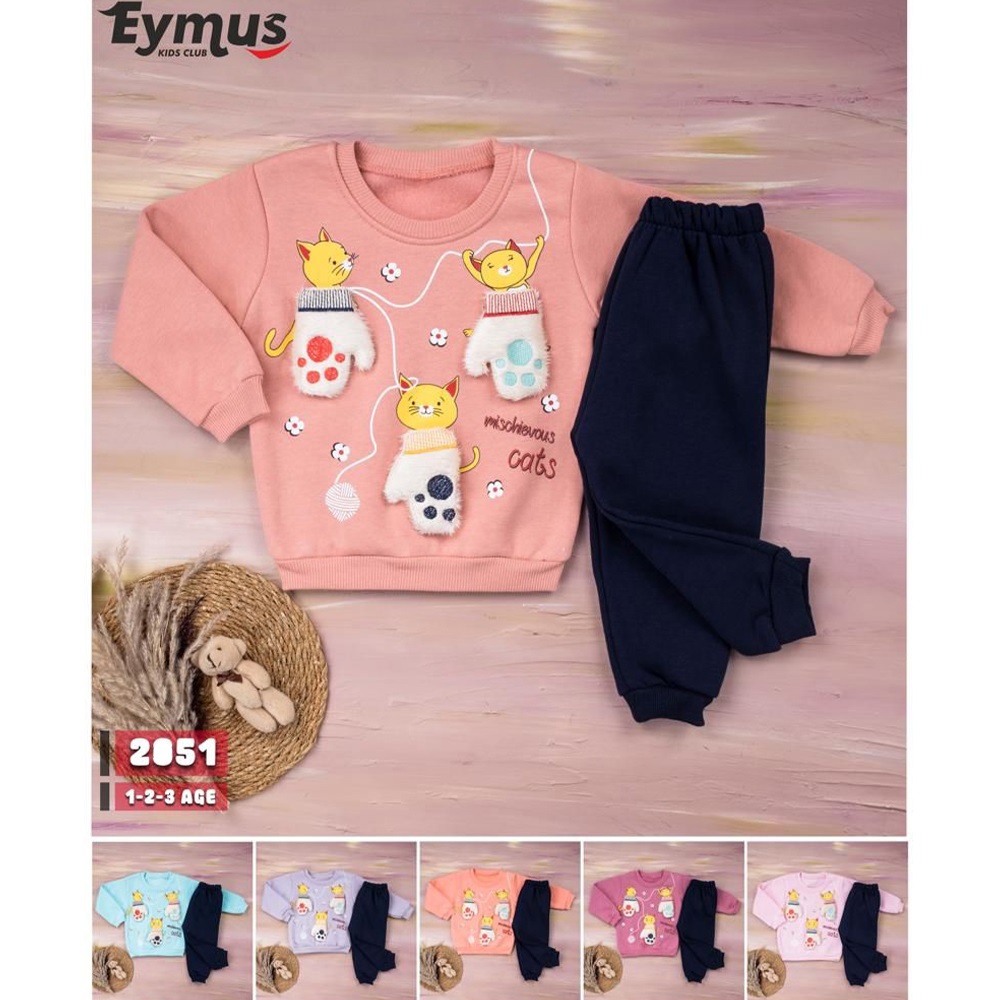 Eymus 2051 Kız Çocuk 3 İplik Eldivenli Kedicik Nakışlı Takım 1-3 Yaş