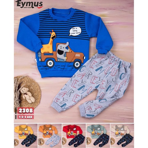 Eymus 2308 Erkek Çocuk 3 İplik Zürafa İle Fil Nakışlı Takım 1-3 Yaş