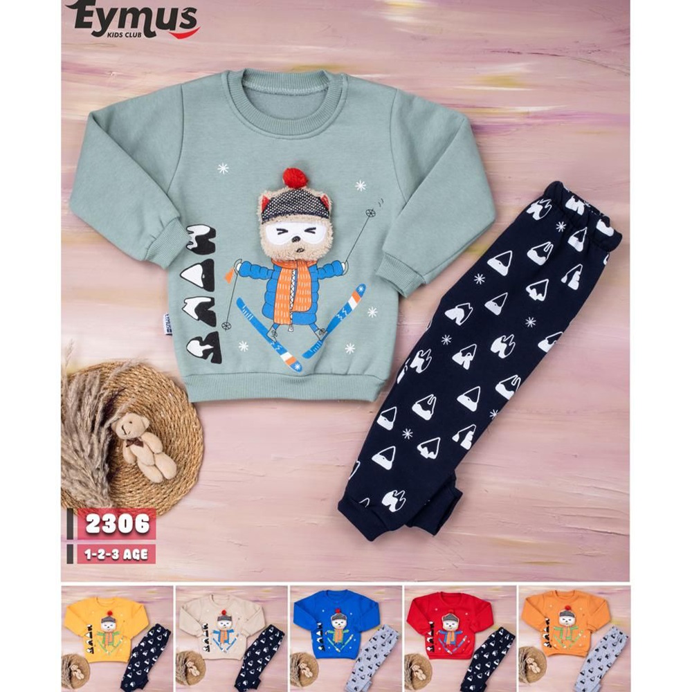 Eymus 2306 Erkek Çocuk 3 İplik Sevimli Kayakçı Nakışlı Takım 1-3 Yaş