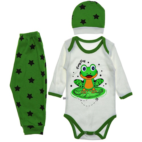 Hoppi Baby 1014 Erkek Bebe Kurbağa Bas. Badili 3 lü Takım 6-12-18 Ay