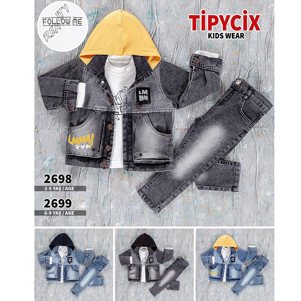 Tipycix 2698 Erkek Çocuk Cep Baskılı Mavi Kot Ceketli Takım 2-5 Yaş