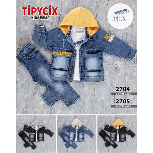 Tipycix 2704 Erkek Çocuk Chal Baskılı Siyah Kot Ceketli Takım 2-5 Yaş