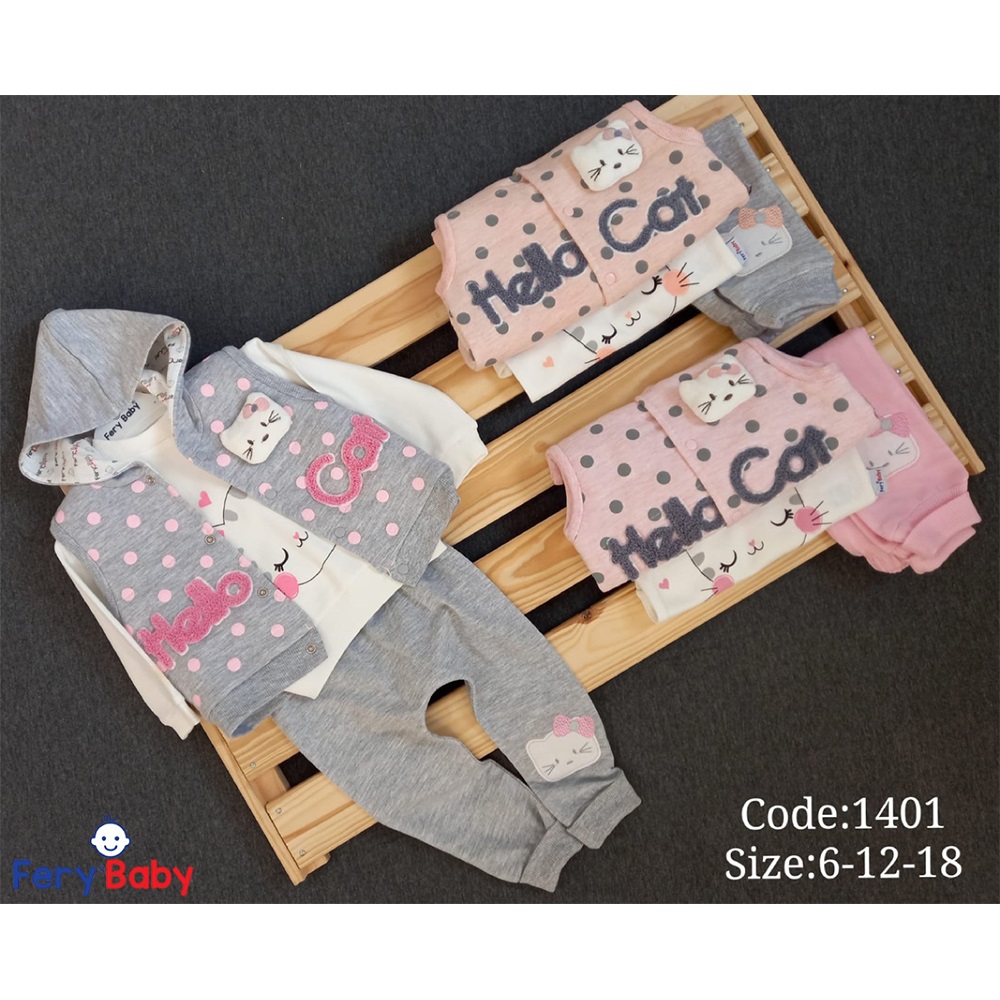 Fery Baby 1401 Kız Bebe Hello Cat Yelekli 3 lü Takım 6-9-18 Ay