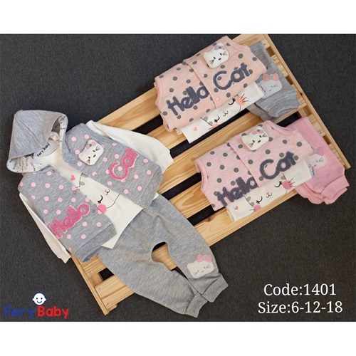 Fery Baby 1401 Kız Bebe Hello Cat Yelekli 3 lü Takım 6-9-18 Ay