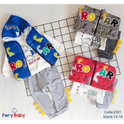 Fery Baby 2501 Erkek Bebe Dinolu Şişme Yelekli 3 lü Takım 6-9-18 Ay