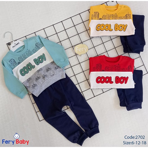 Fery Baby 2702 Erkek Bebe Cool Boy Nakışlı Parçalı 2 li Takım 6-9-18 Ay