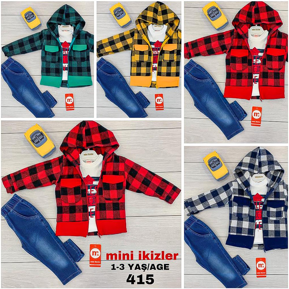 Mini İkizler 415 Erkek Çocuk Garnili Oduncu Ceketli 3 lü Takım 1-3 Yaş