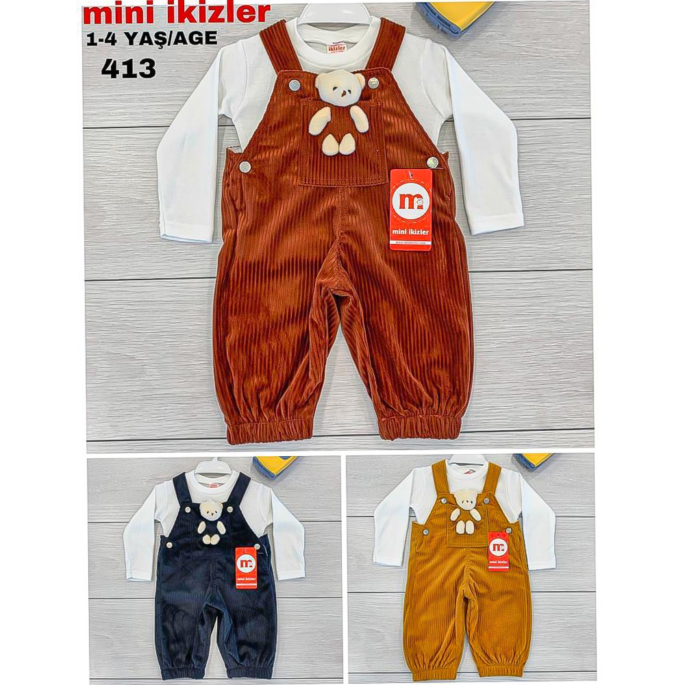 Mini İkizler 413 Çocuk Kadife Ayıcıklı Salopet Takım 1-4 Yaş