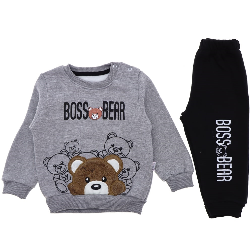 Betüş Bebe 05268 Erkek Bebe Ayı Nakışlı 3 İp Takım 6-18 Ay - Gri - 6-9-12-18 AY