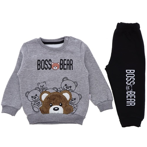 Betüş Bebe 05268 Erkek Bebe Ayı Nakışlı 3 İp Takım 6-18 Ay - Gri - 6-9-12-18 AY