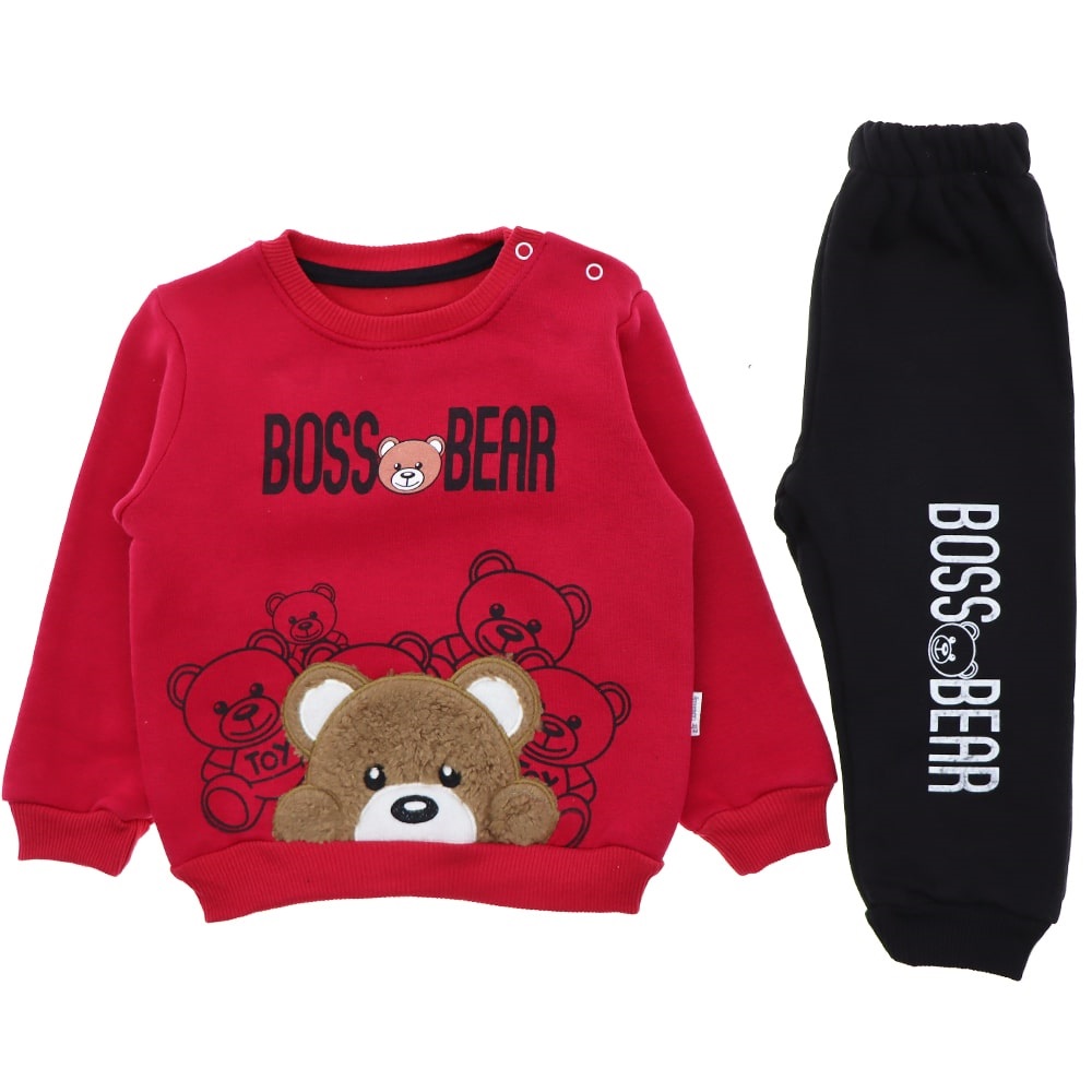 Betüş Bebe 05268 Erkek Bebe Ayı Nakışlı 3 İp Takım 6-18 Ay - Kırmızı - 6-9-12-18 AY