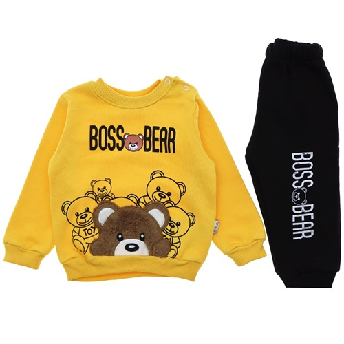 Betüş Bebe 05268 Erkek Bebe Ayı Nakışlı 3 İp Takım 6-18 Ay - Sarı - 6-9-12-18 AY