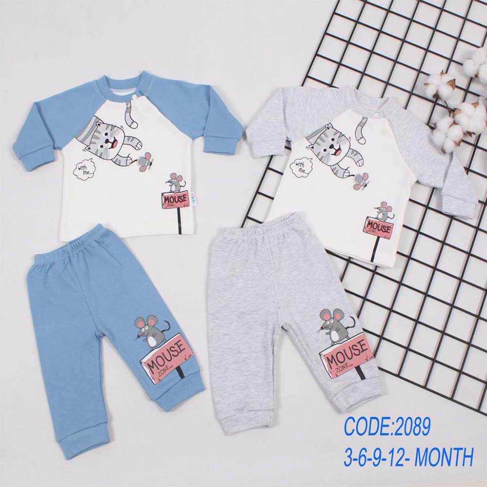 Minilay 2089 Erkek Bebe Kedi Baskılı 2 li Takım 3-12 Ay