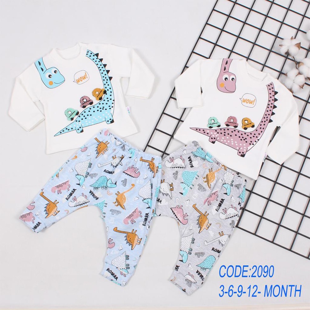 Minilay 2090 Erkek Bebe Arabalı Dino Baskılı 2 li Takım 3-12 Ay