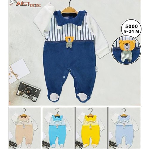 Aist Baby 5000 Erkek Bebe Ayıcıklı Kadife Ponponlu Tulum 3-18 Ay