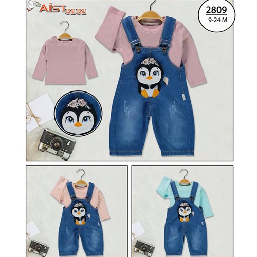 Aist Baby A2809 Kız Bebe Oyuncak Penguen Kot Salopet Takım 6-24 Ay
