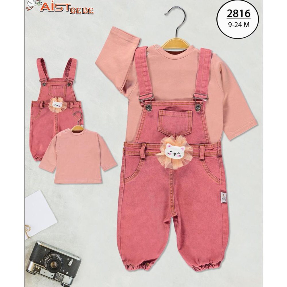 Aist Baby A2816 Kız Bebe Kedi Aksesuarlı Kot Salopet Takım 6-24 Ay
