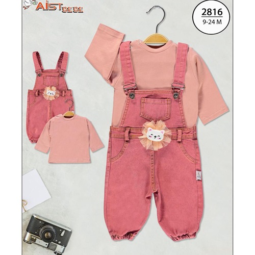 Aist Baby A2816 Kız Bebe Kedi Aksesuarlı Kot Salopet Takım 6-24 Ay