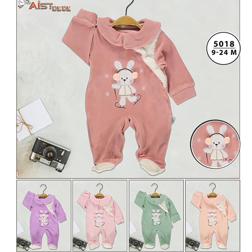 Aist Baby 5018 Kız Bebe Tavşan Nakışlı Kadife Tulum 3-18 Ay